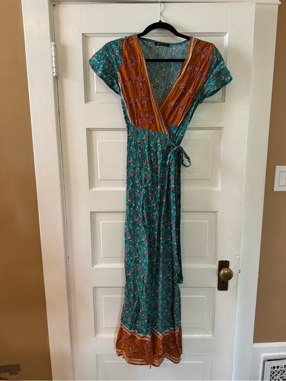 Teal Floral Wrap Maxi Dress with Rust Contrast